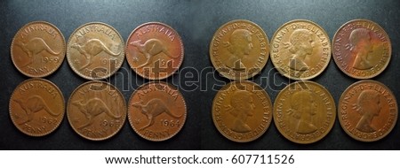 Vintage pre-decimal Australian coins. Pennies with the reverse side displaying the Australian Kangaroo.






