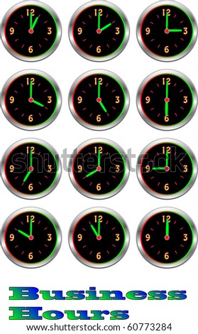 Collection of luminous clocks showing each Business hour of the day and illustration