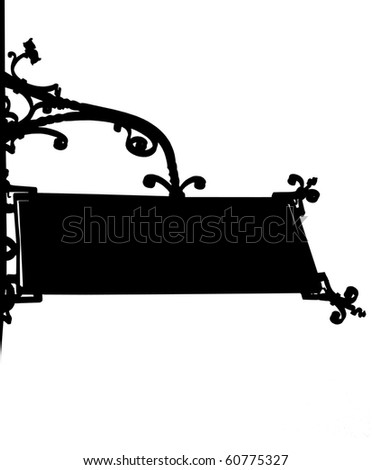 vintage old store front sign with elegant curls and chain in black and white