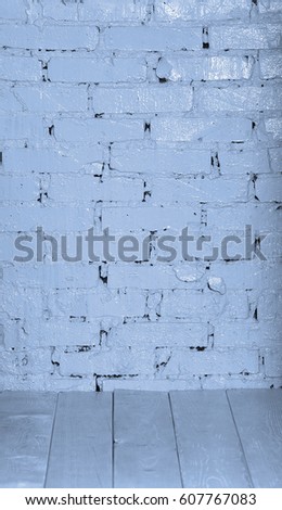 blue rustic brick wall.White wood floor.Brick texture, wood structure.Shabby Uneven Painted Plaster.Abstract web banner