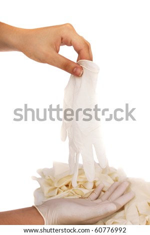 Medical gloves with hands isolated on white background.