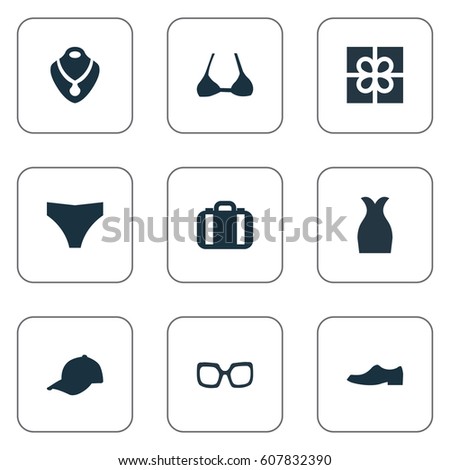 Vector Illustration Set Of Simple Clothes Icons. Elements Jewelry, Present, Attire And Other Synonyms Luggage, Giftbox And Bra.