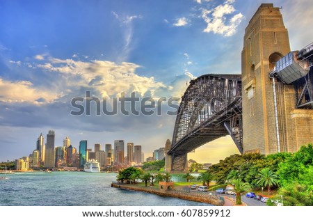 Sydney Harbour Bridge seen from Milsons point, Australia. Royalty-Free Stock Photo #607859912