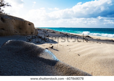 A glass bottle stuck in the sand on a sunny tropical beach
New Providence, Nassau, Bahamas.