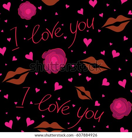 Vector illustration. Seamless pattern of hearts, love letter, flower and love text in a magenta, brown and red colors on a black background.