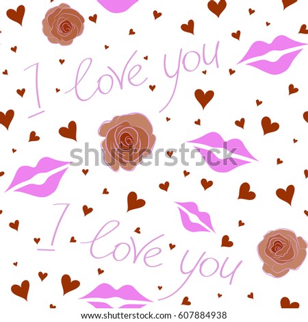 Vector love lettering seamless pattern, hand drawn calligraphy wallpaper in pink, neutral and brown colors on a white backdrop. Seamless abstract background.