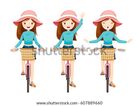 Young Woman Riding Bicycle Set, Bicyclist, Healthy, Vehicle, Sport, Lifestyle