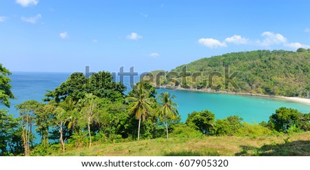 Panorama of Nature scene tropical beach and blue sky in Phuket island, Thailand