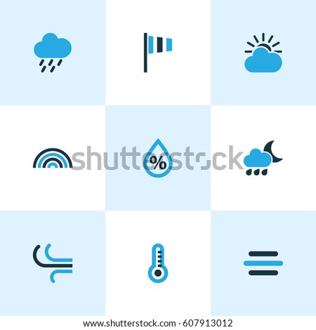 Climate Colored Icons Set. Collection Of Rainstorm, Breeze, Arc And Other Elements. Also Includes Symbols Such As Temperature, Drop, Rainbow.