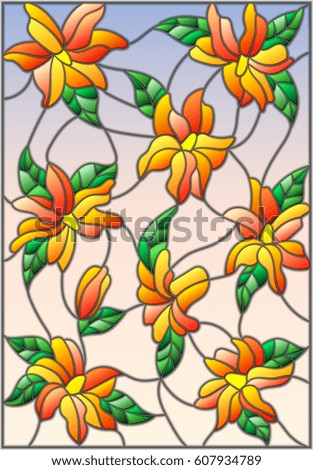 Illustration in stained glass style with a bouquet of tulips on a blue background in the frame
