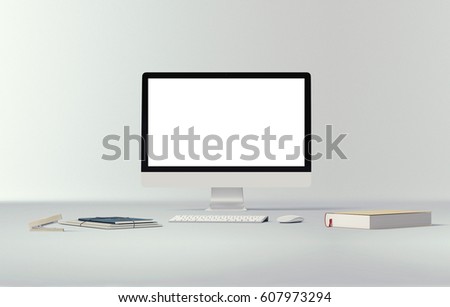 Desktop with blank white computer screen. Mock up
