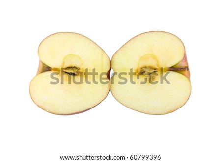 red apple cut into two parts. Isolated on white background.