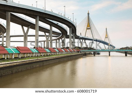 Twin suspension bridge river front, Bangkok city landmark Thailand