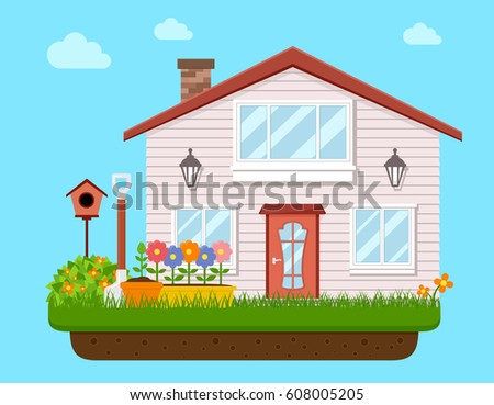 house backyard with garden flower. vector illustration for landscaping or garden work. concept garden icon