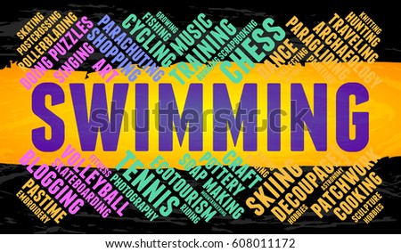 Swimming. Word cloud, multicolor font, yellow stripe, grunge background. Hobby.