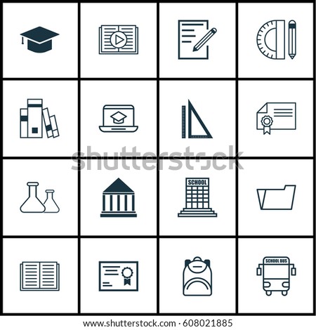 Set Of 16 School Icons. Includes Document Case, Diploma, Haversack And Other Symbols. Beautiful Design Elements.