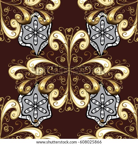 Golden pattern on brown background with white doodles. Vector golden pattern. Seamless golden textured curls in oriental style arabesques.