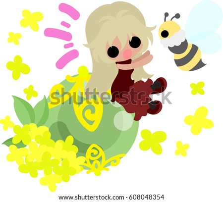 A cute girl and a object of yellow flowers