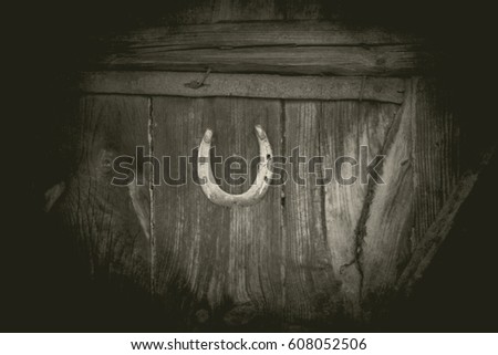 Old horseshoe hanging on the wooden door. Vintage toned photo.