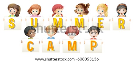 Children holding words for summer camp illustration