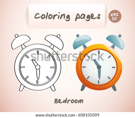 Coloring book pages for kids : Bedroom : Alarm Clock : Vector Illustration