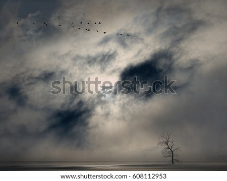 Landscape in late autumn geese flying