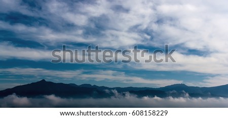 Landscape misty panorama.Fantastic sunrise in the mountains, breathtaking views of the valley. Suburb of Kandy, the island of Sri Lanka.