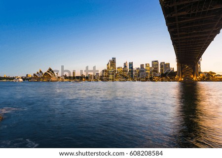 View of the Sydney Harbor and cityscape.
