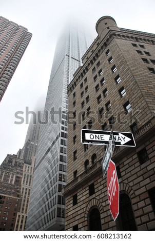 One way street and stop sign in Manhattan New York