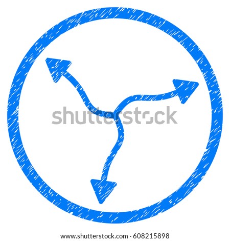 Curve Arrows grainy textured icon inside circle for overlay watermark stamps. Flat symbol with dust texture. Circled dotted vector blue ink rubber seal stamp with grunge design on a white background.