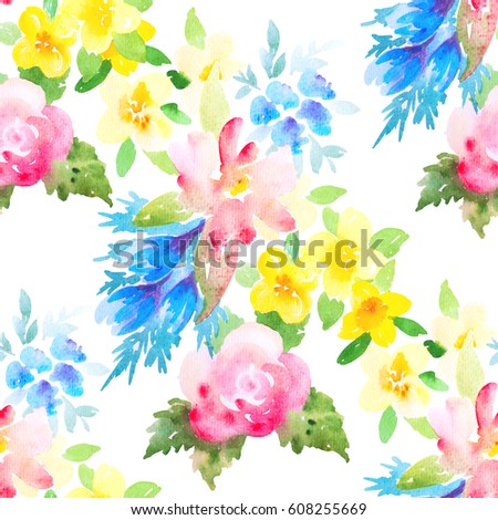 Watercolor floral botanical seamless pattern. Good for printing on fabric, wrapping paper, wallpaper. Raster illustration.