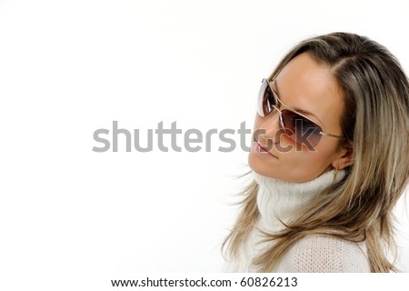 beautiful young woman with sunglasses against white