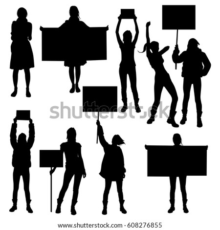 Collection of silhouette of women protesting for human rights.  Black profile of slim woman body isolated on white background. 
 Royalty-Free Stock Photo #608276855