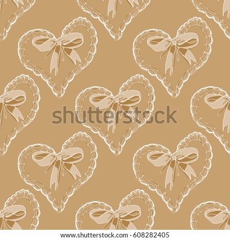 Seamless pattern with hearts and bow ribbons in light brown color. Love symbol. Ideal for wrapping paper on Valentines Day. Vector illustration