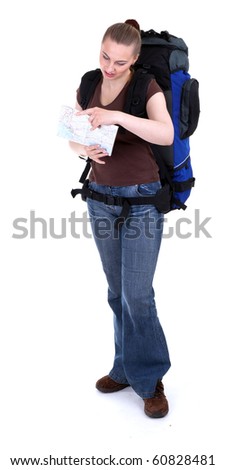 young female tourist with backpack and map