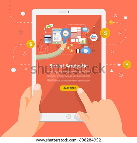Flat design concept learning about business online with hand hold tablet. Vector illustrate.