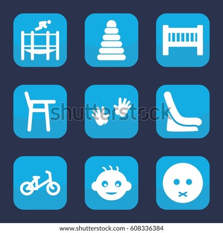 Child icon. set of 9 filled child icons such as baby, baby bed, pyramid, child bicycle, sad emot