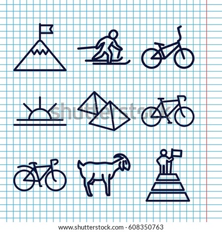Set of 9 mountain outline icons such as goat, sun rise, bicycle, mountain