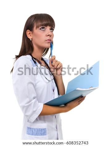 Medical sign. Young woman doctor or nurse with copy space for text. Caucasian female model isolated over white background.