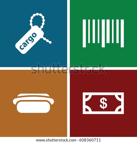 Set of 4 shop filled icons such as Money, cargo tag, bar code