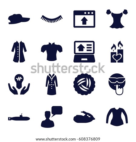 Drawn icons set. set of 16 drawn filled icons such as nest, eyelash, blouse, overcoat, chatting man, cool emot, candle heart, real estate on laptop, jet ski, submarine
