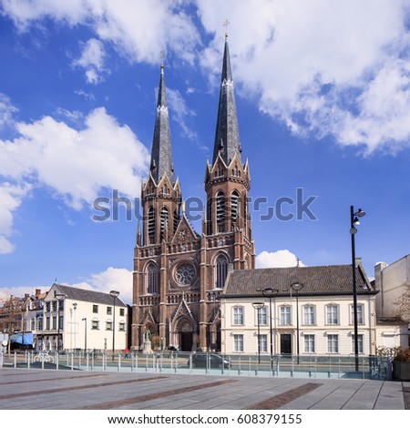 The neo-Gothic Saint Joseph Church at Hill Square in Tilburg, The Netherlands Royalty-Free Stock Photo #608379155