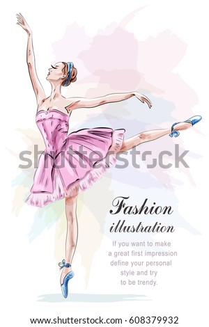 Young and beautiful ballerina posing and dancing in fashion pink dress. Vector illustration. 