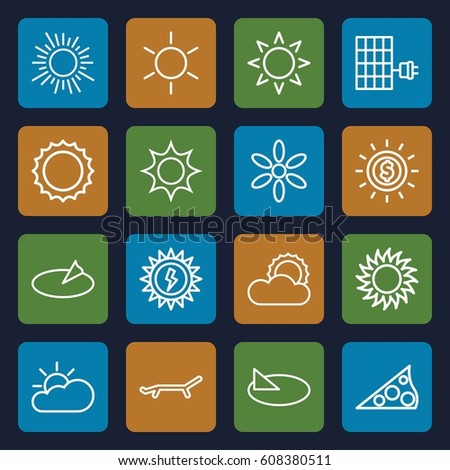 Sunlight icons set. set of 16 sunlight outline icons such as sun, sun cloud, solar panel