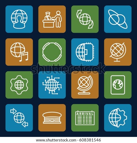 International icons set. set of 16 international outline icons such as pass control, arrival table, airport, globe, qround the globe, international music, passport