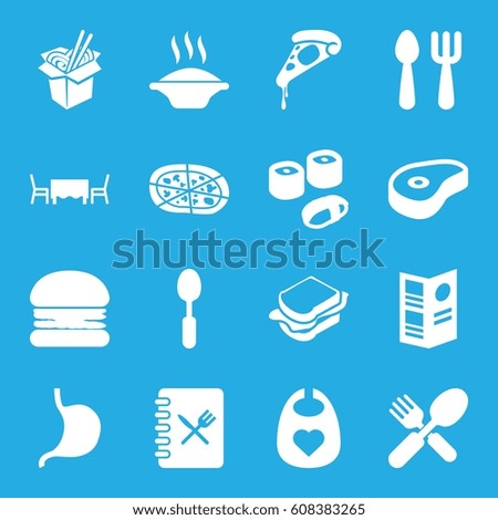 Lunch icons set. set of 16 lunch filled icons such as baby bid, fork and spoon, pizza, noodles fast food, sandwich, spoon, beef, stomach, menu, restaurant table, sushi, burger