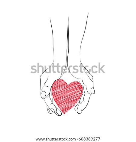 a vector illustration; two hands holding or giving a red  heart; a hand drawn sketch;