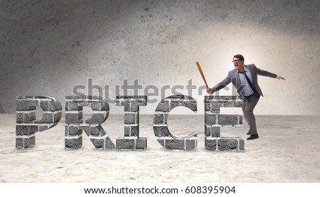 Angry man with baseball bat hitting price word