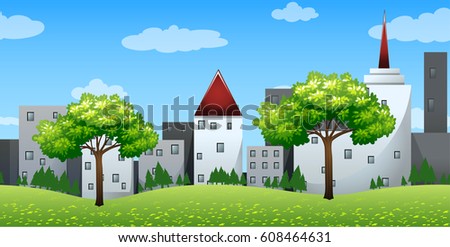 Seamless background with buildings on the hills illustration