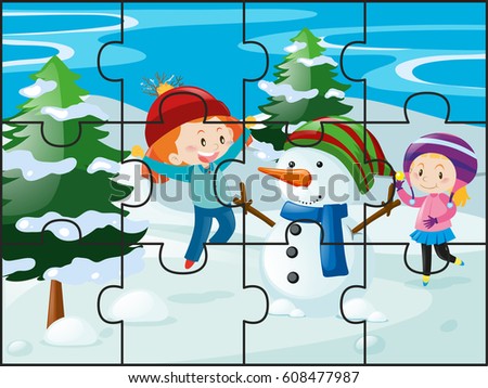 Jigsaw puzzle game with girls and snowman illustration